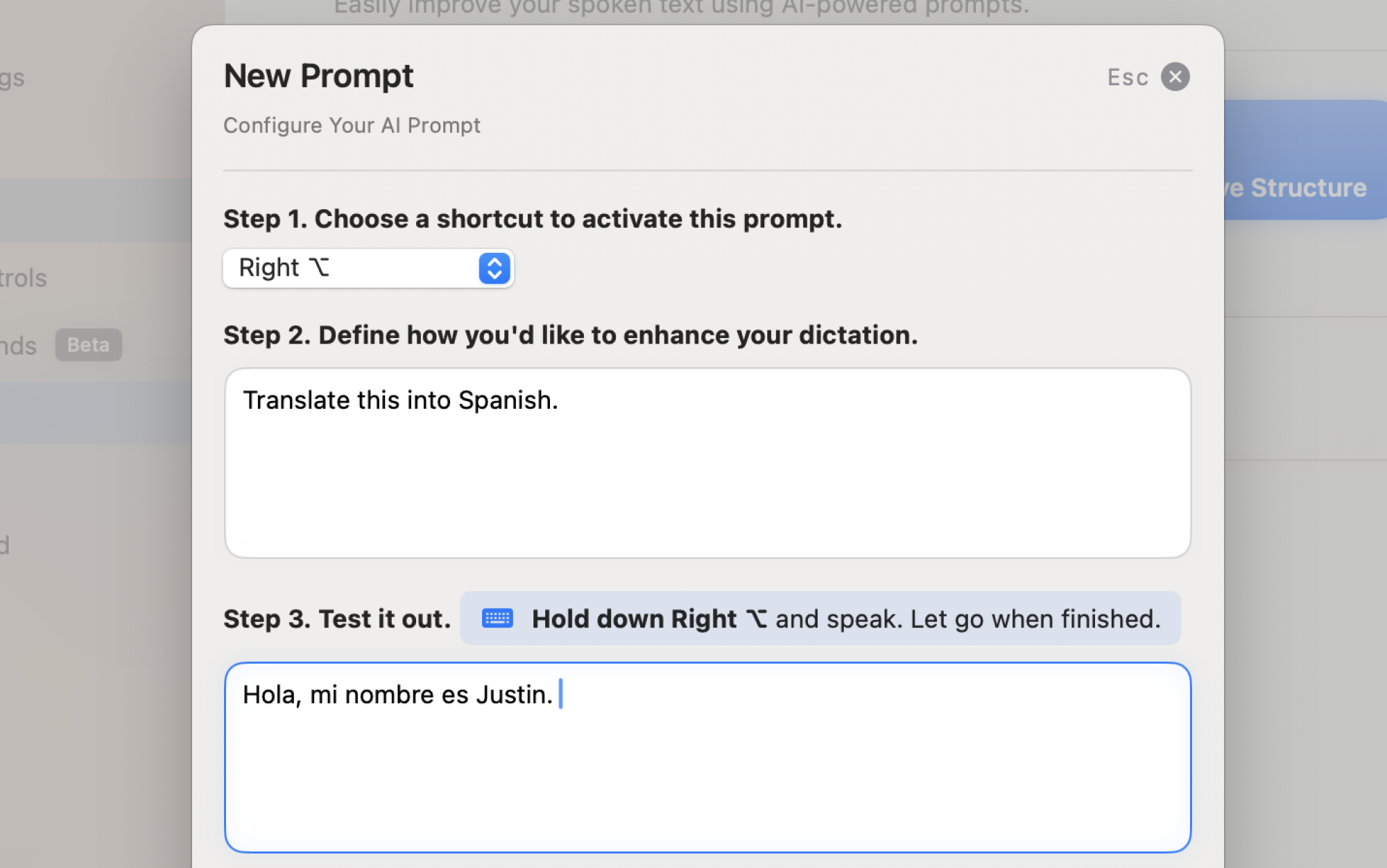 Settings window for AI Prompt feature to translate text