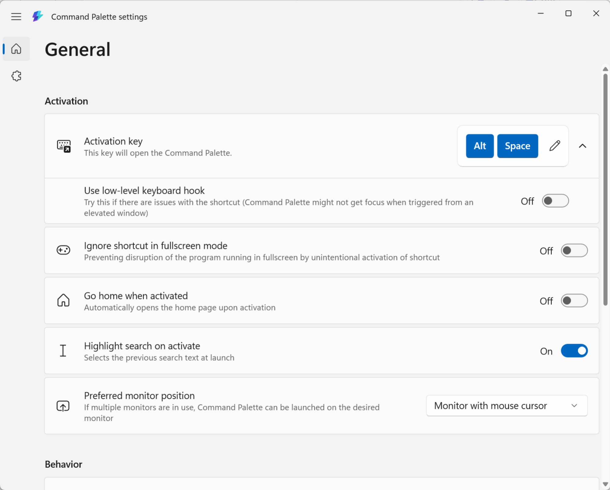 Command Palette Settings Configuration