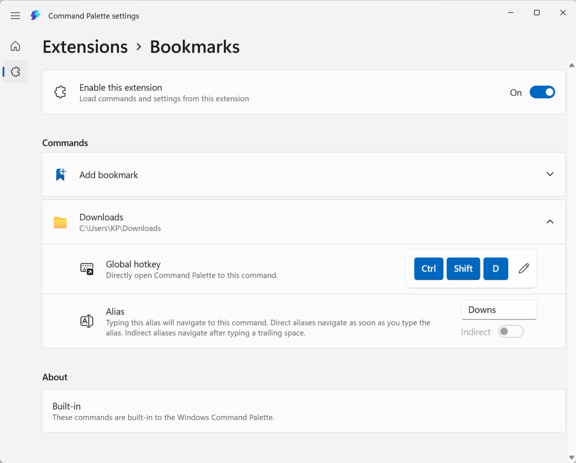 Bookmark Settings in Command Palette