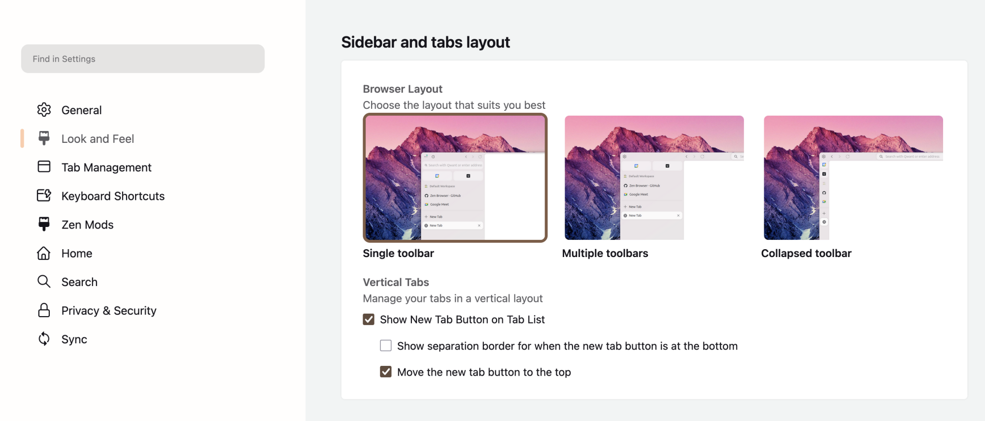 Zen's settings for toolbar customization options