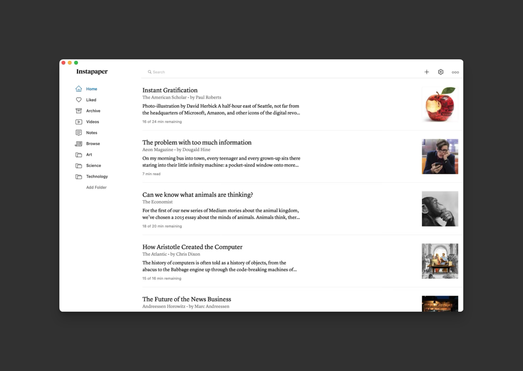 Instapaper displayed on an iPad.