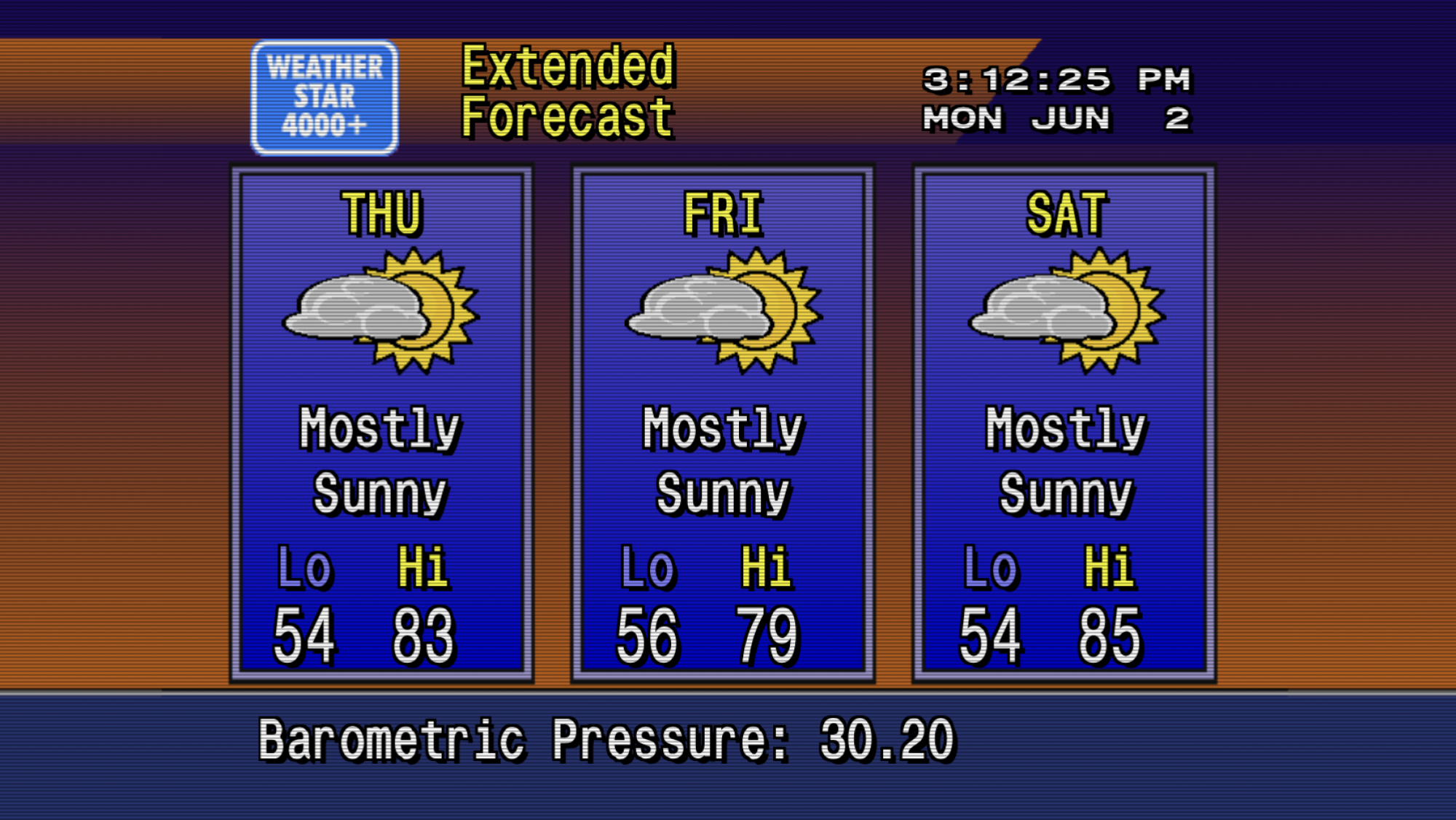Forecasts for Thursday, Friday, and Saturday are displayed in this vintage-looking forecast.