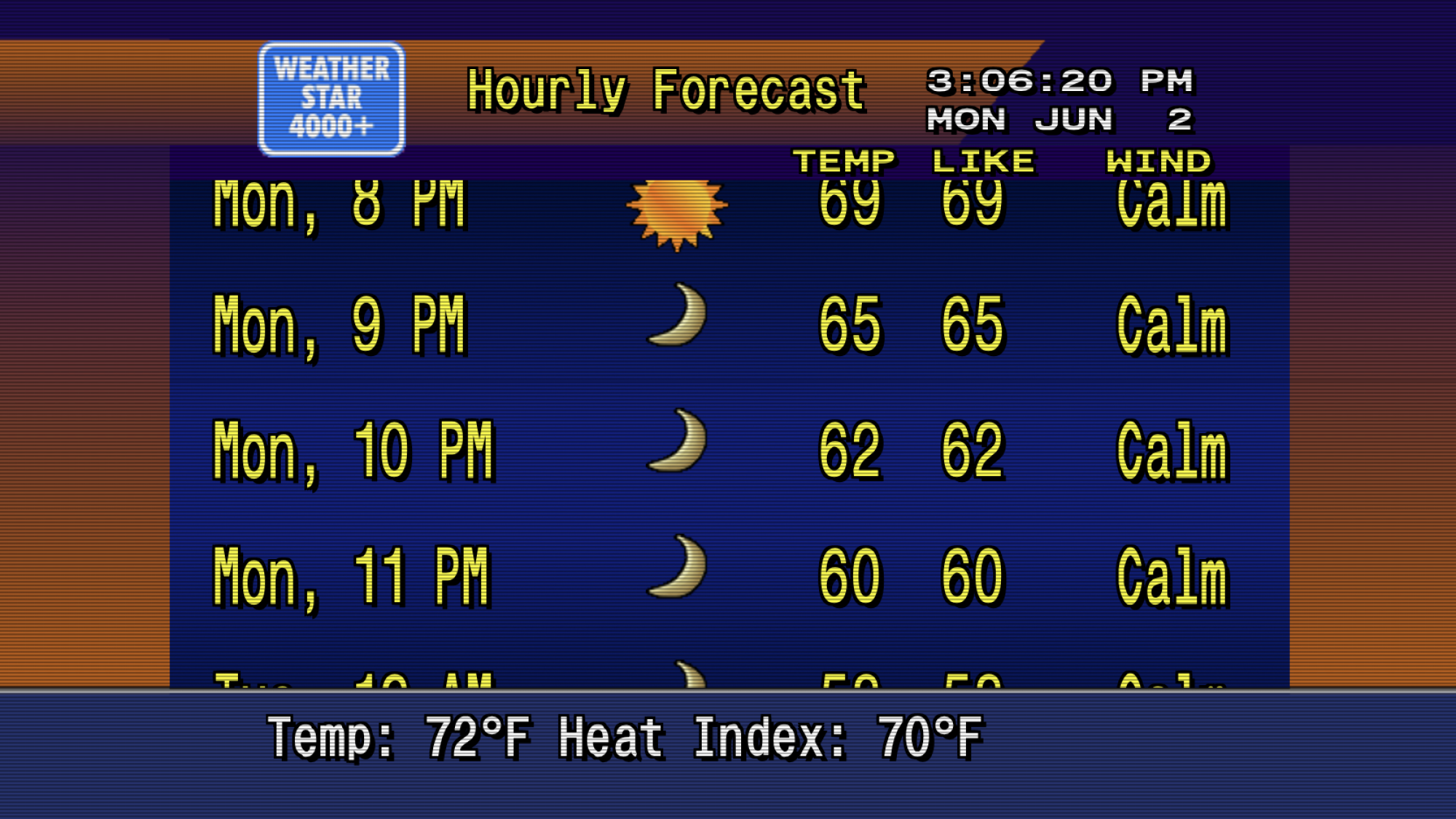 Hourly forecasts are scrolling past the screen in this vintage-looking screenshot.