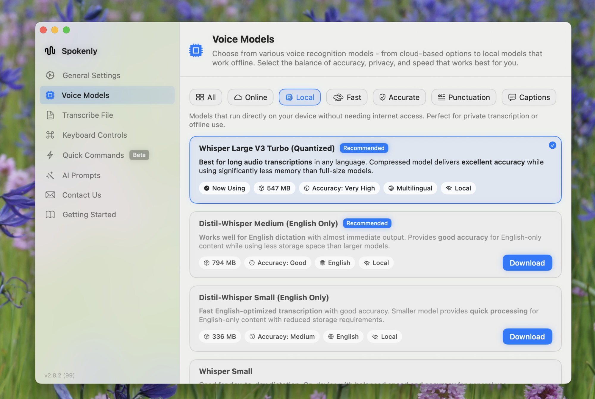 Settings window showcasing various AI models for transcription