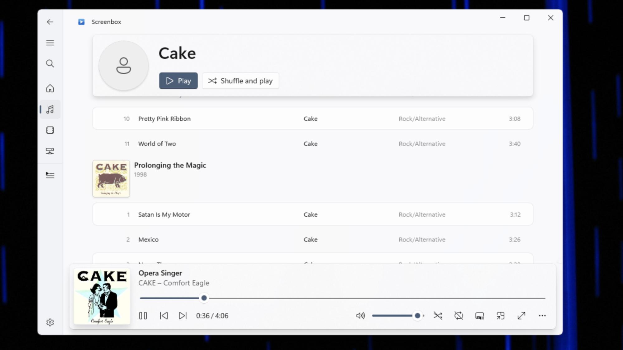 User interface of Screenbox showcasing a music library