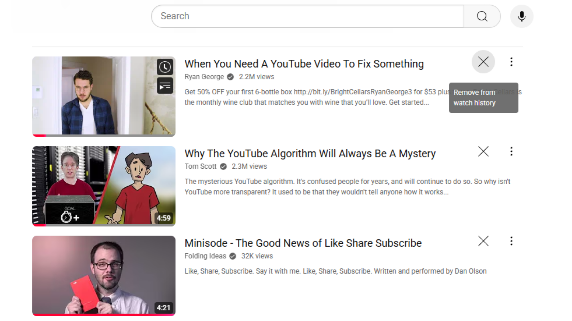 Remove from watch history button on YouTube