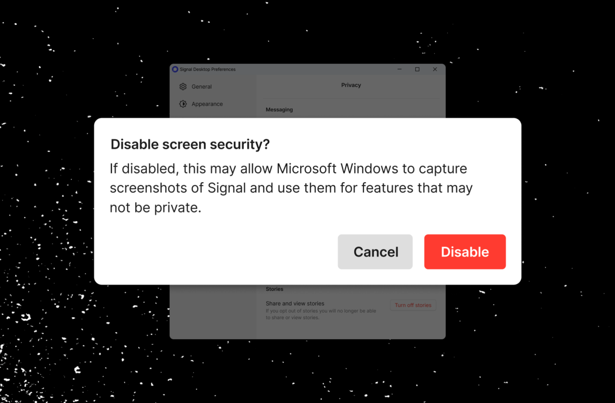 signal pop up warning about disabling screen security