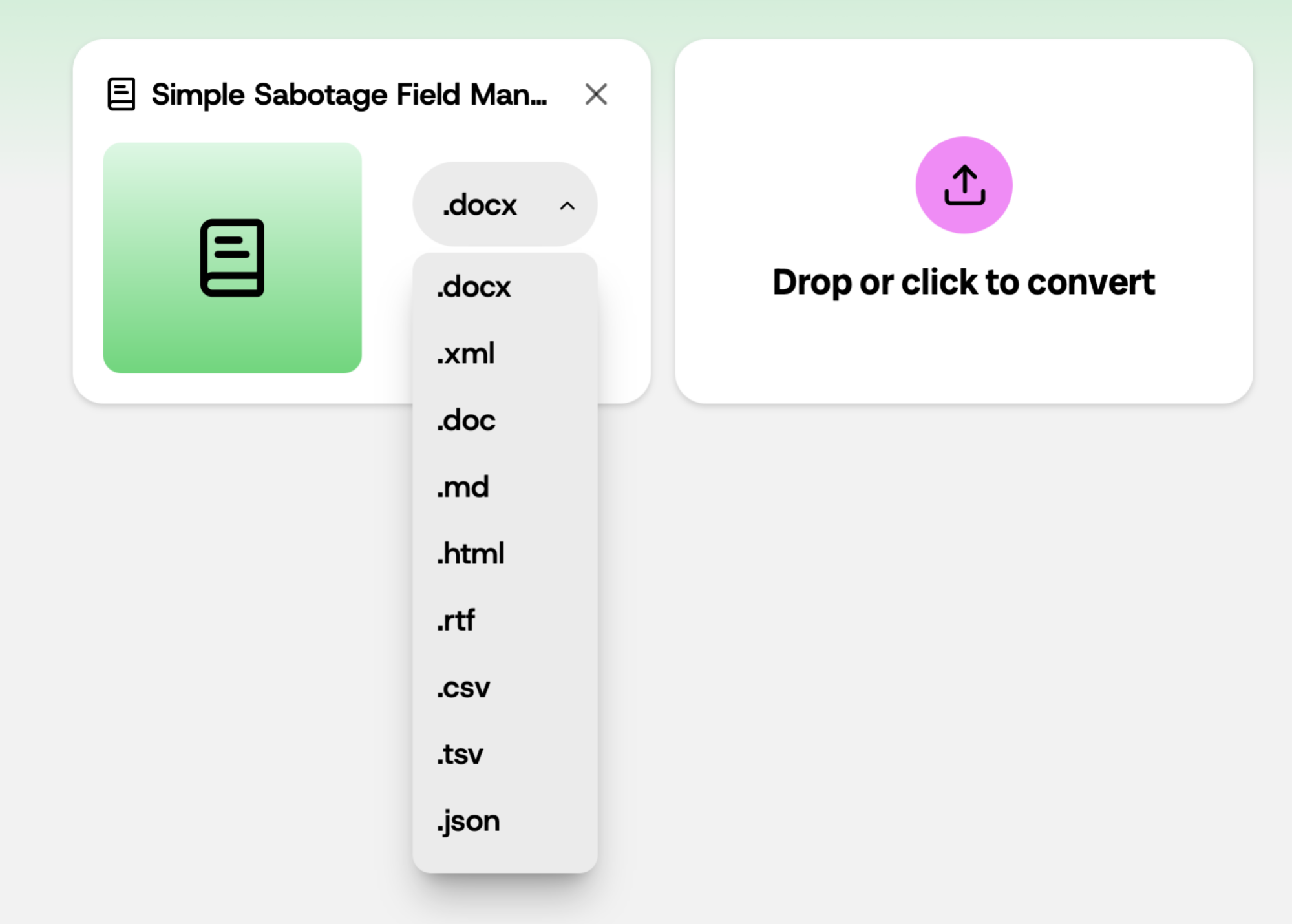 An interface showcasing an EPUB file conversion with various file format options including docx, md, rtf, and html.