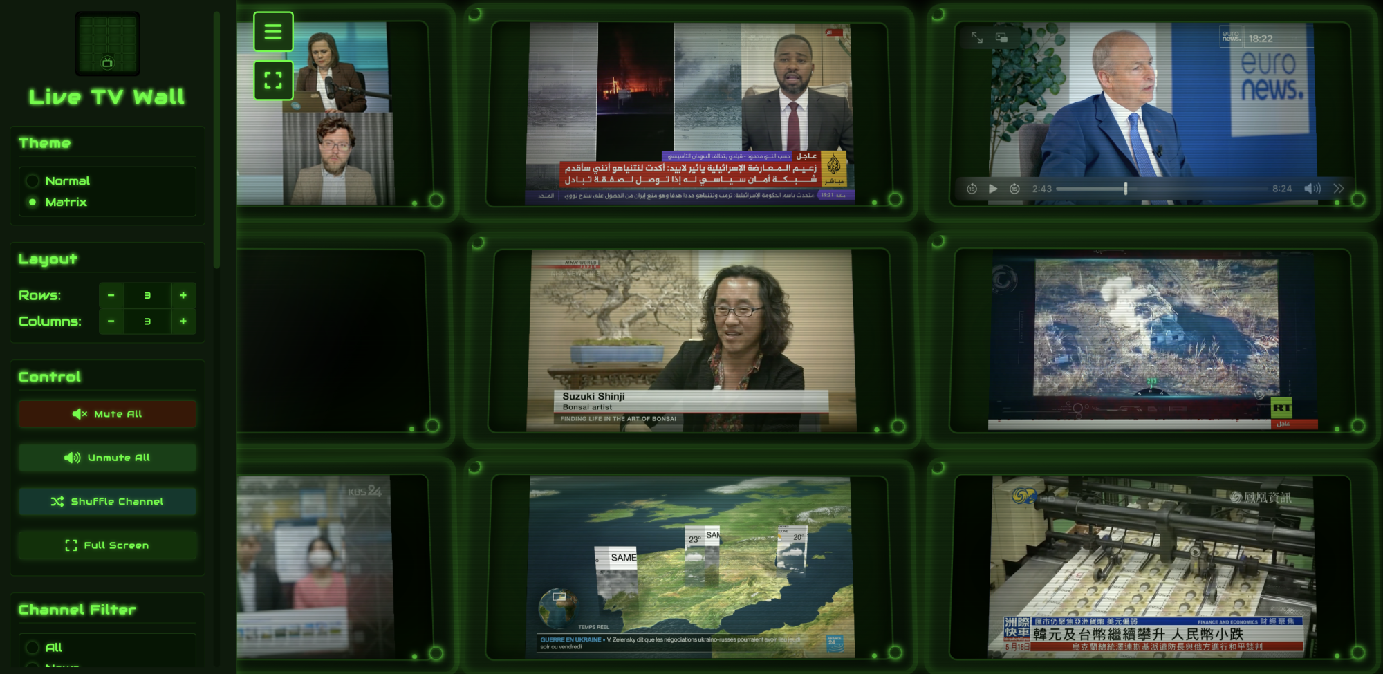 Nine news channels are displayed with options for customization and filtering.