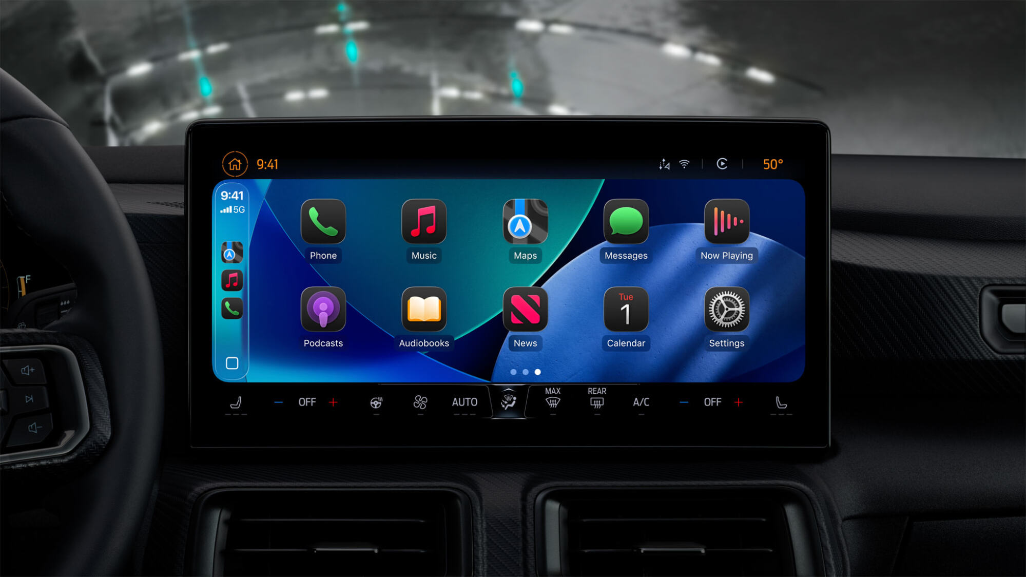 Car display showing the new Liquid Glass icons in dark mode.