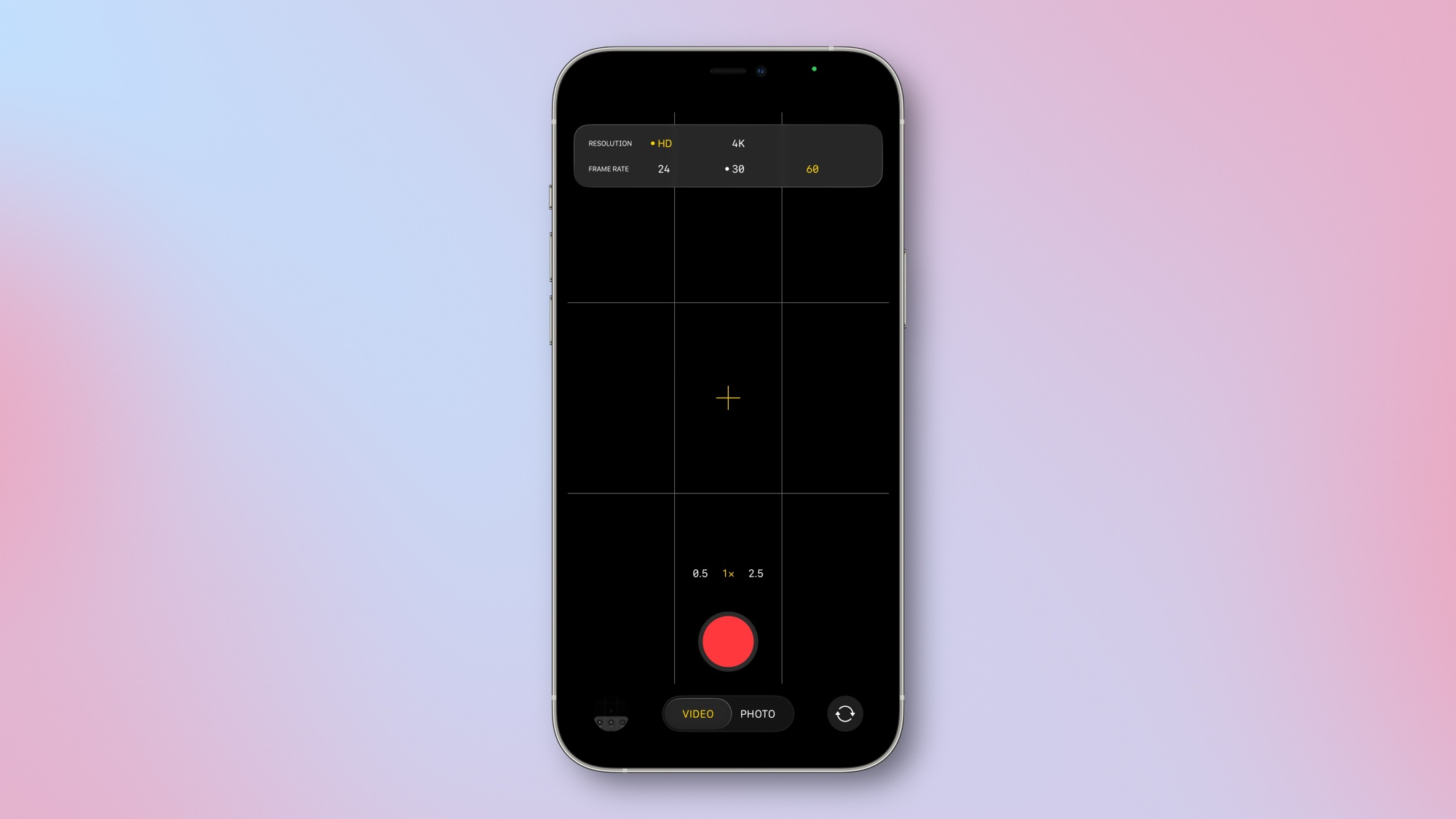 Video resolution adjustments in the Camera app.