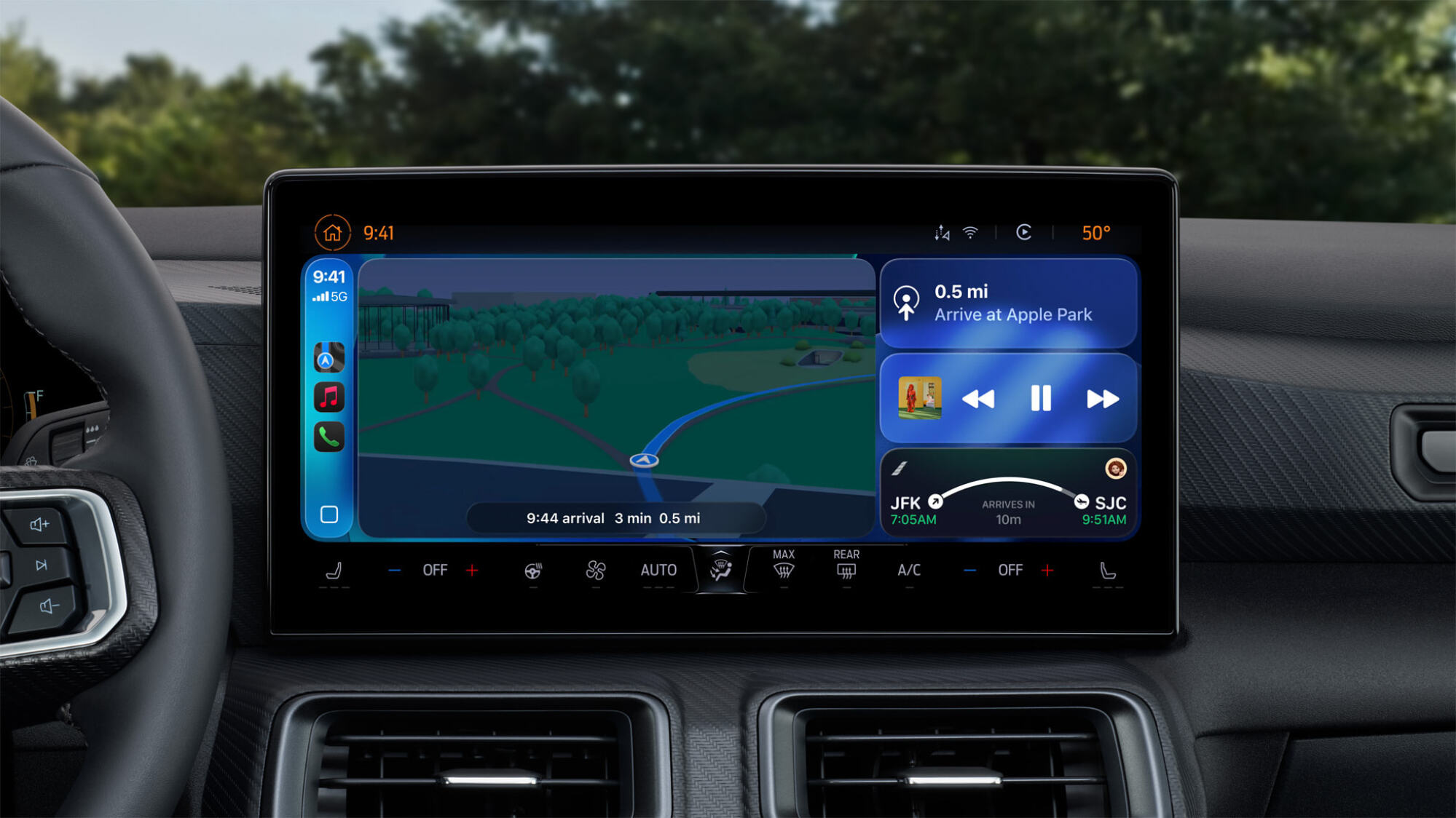 Car display showcasing navigation on one side and Live Activities on the other.