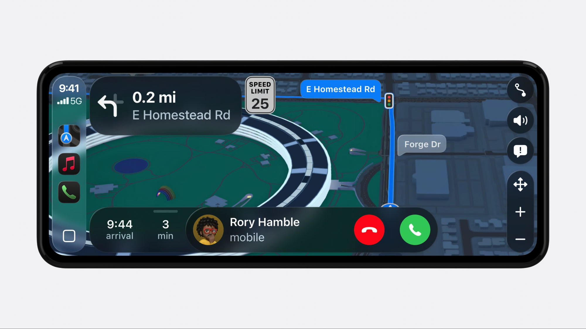Incoming call displayed as a small pop-up on the car display, overlaying navigation.