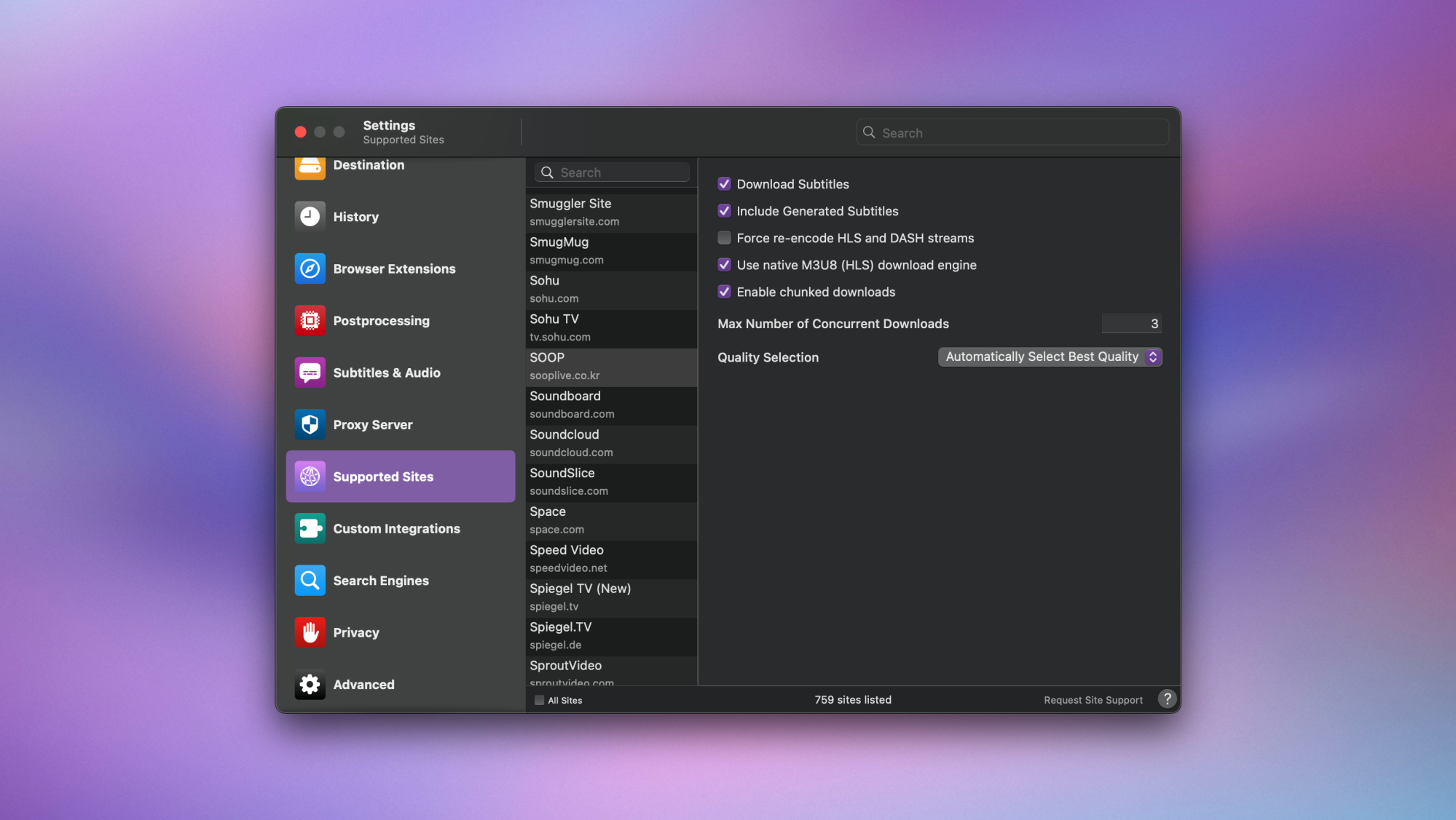 Settings interface of Downie on a Mac.