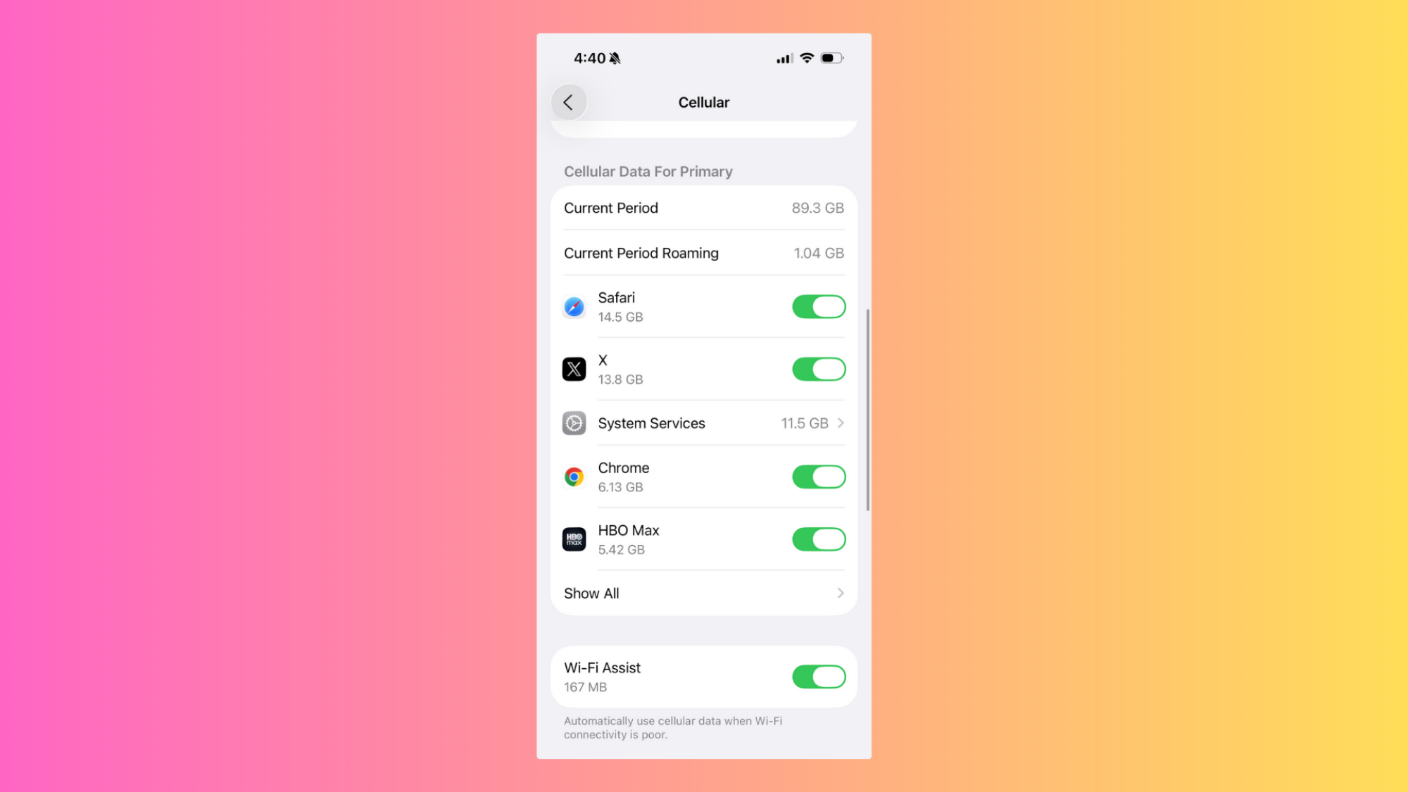 Cellular menu iOS 26